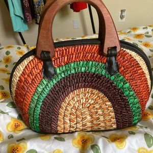 Colorful Purse (Rainbow Rattan w/ wooden handles & a zipper closure)